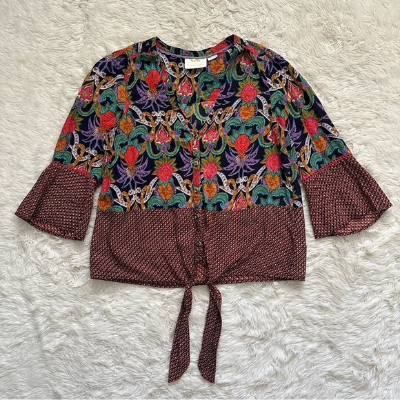 Anthropologie Maeve Top Carter Blouse Button Front Tie Waist 3/4 Sleeve Floral 4 - Picture 3 of 12